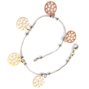 RMB|bracciale argento 925 cavetto doppio con medaglie oro rosa a cuore inciso