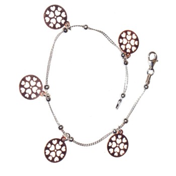 RMB|bracciale argento 925 cavetto doppio con medaglie oro rosa a cuore inciso