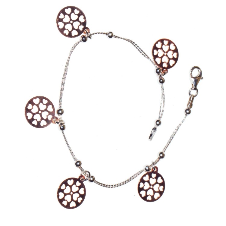 RMB|bracciale argento 925 cavetto doppio con medaglie oro rosa a cuore inciso