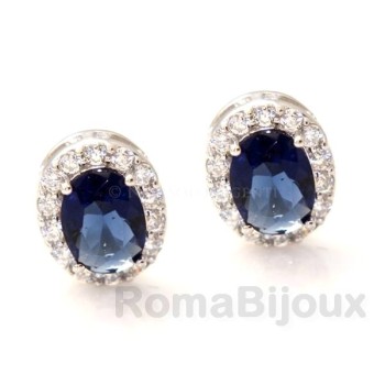 RMB|Argento 925 : orecchini donna bottone ovale stud pietra blu sapphire 11x9mm zirconi