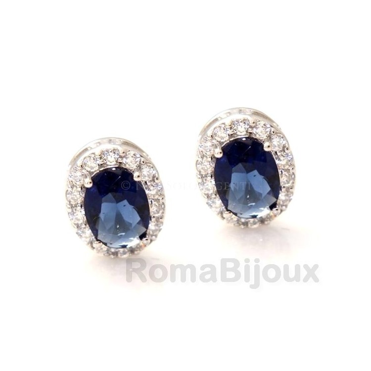 RMB|silver 925 oval button stud earrings woman blue sapphire stone 11x9mm zircons