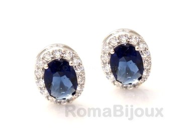 RMB|silver 925 oval button stud earrings woman blue sapphire stone 11x9mm zircons