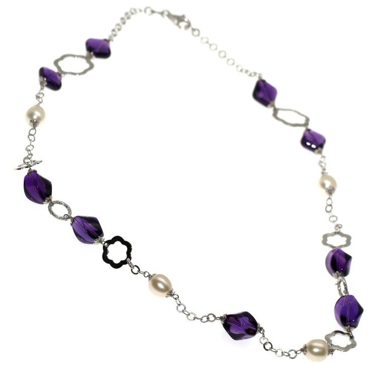 RMB|girocollo argento 925 Ametista viola purissima e perle naturali collana