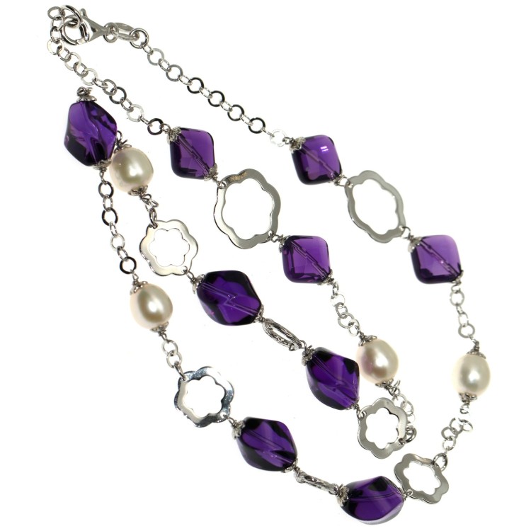 RMB|girocollo argento 925 Ametista viola purissima e perle naturali collana
