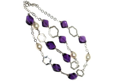 RMB|girocollo argento 925 Ametista viola purissima e perle naturali collana