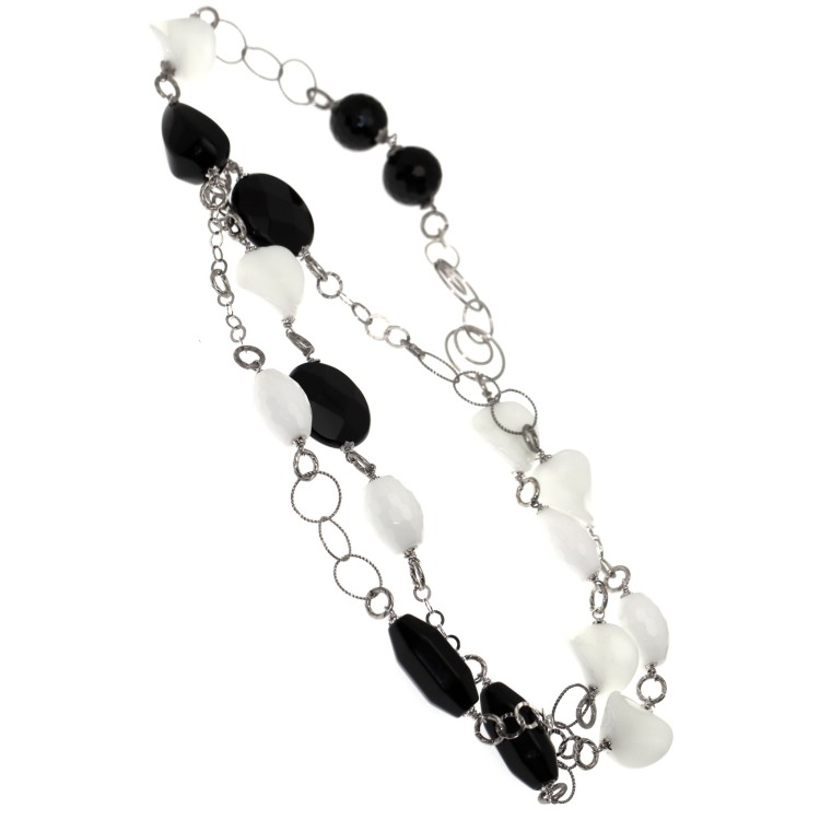 RMB|Long necklace 925 silver Onyx and natural white agate 80 cm