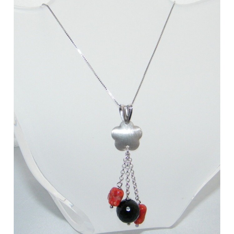 RMB|collana argento 925 ciondolo in  Onice e Corallo naturale girocollo