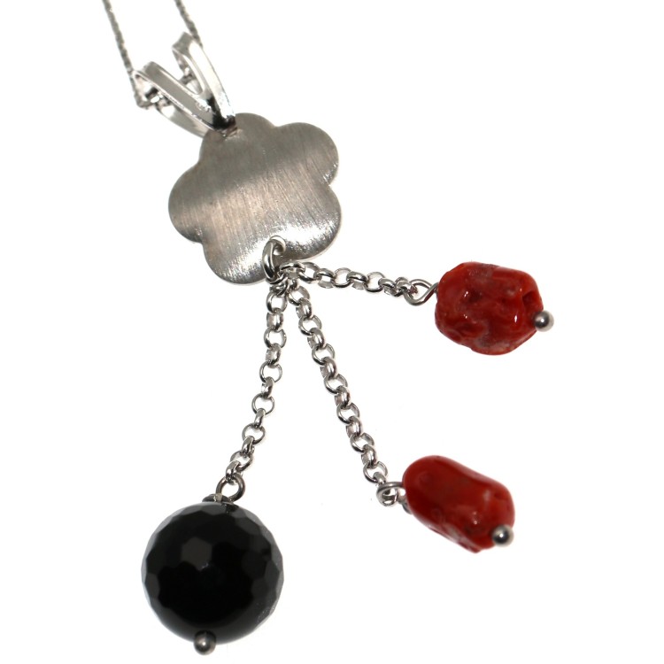 RMB|925 silver necklace pendant in Onyx and natural Coral choker