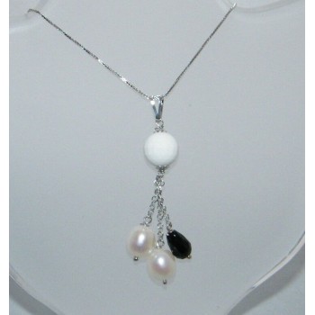 RMB|Collana argento 925 ciondolo in  agata bianca onice perle girocollo