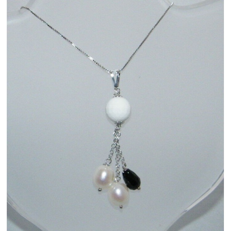 RMB|925 silver necklace pendant in white agate onyx pearls choker