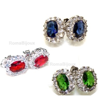 RMB|Argento 925 : orecchini donna stud bottone oval pietra verde blu rossa 9x7mm zirconi