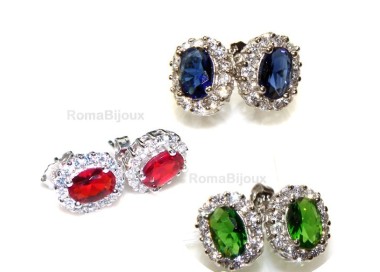 RMB|silver 925 : woman stud button earrings oval stone green blue red 9x7mm zircons