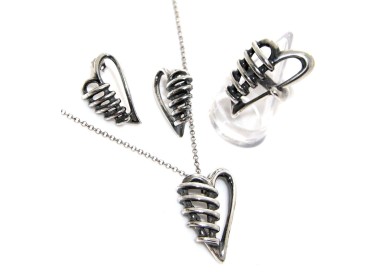 RMB|collana anello orecchini argento 925 cuore bendato brunito anticato