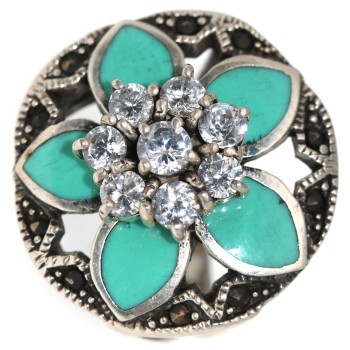 RMB|anello tondo argento 925 retro' zirconi pasta di turchese misura 19