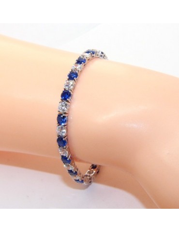 Woman's bracelet in 925 Sterling Silver Tennis model With blue sapphire and white 4 mm 17.5 cm cubic zirconia jaws