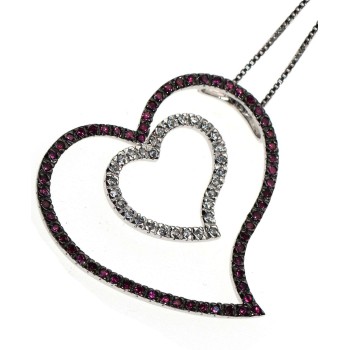RMB|ciondolo argento 925 collana doppio cuore grande rubin zirconi chete' laroche