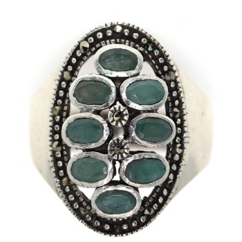 RMB|925 silver root emerald green marcasite corundum ring size 20