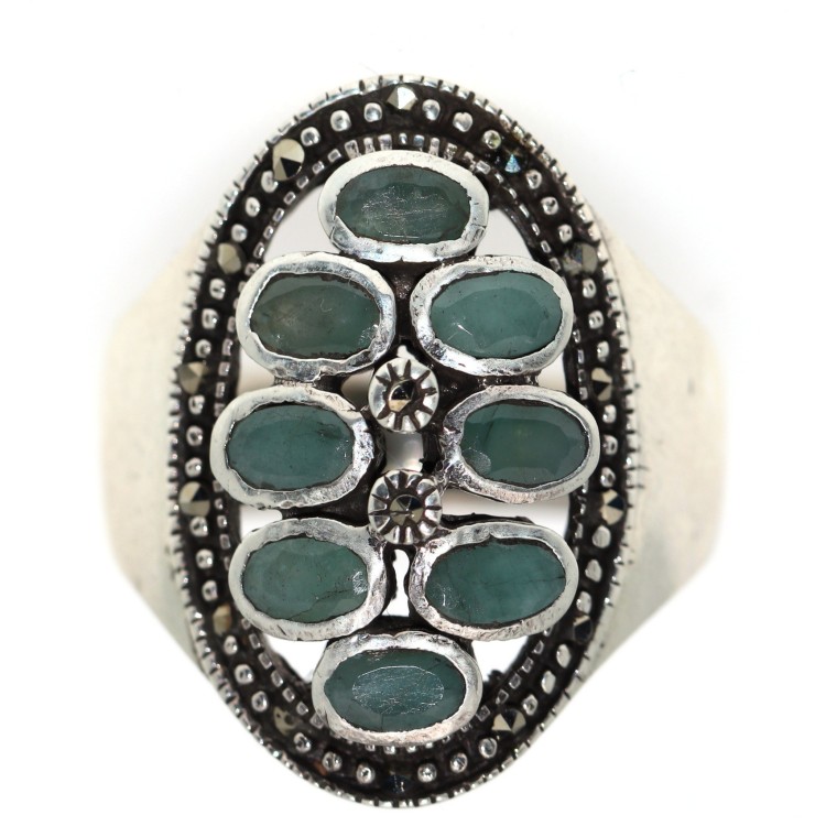 RMB|925 silver root emerald green marcasite corundum ring size 20