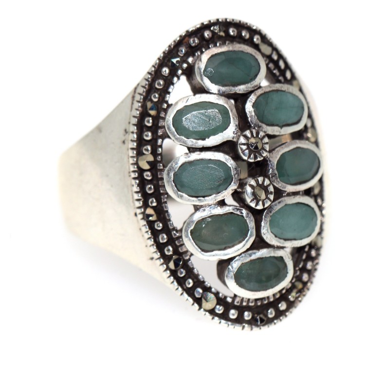 RMB|anello argento 925 radice di smeraldo verde marcasite corindone misura 20