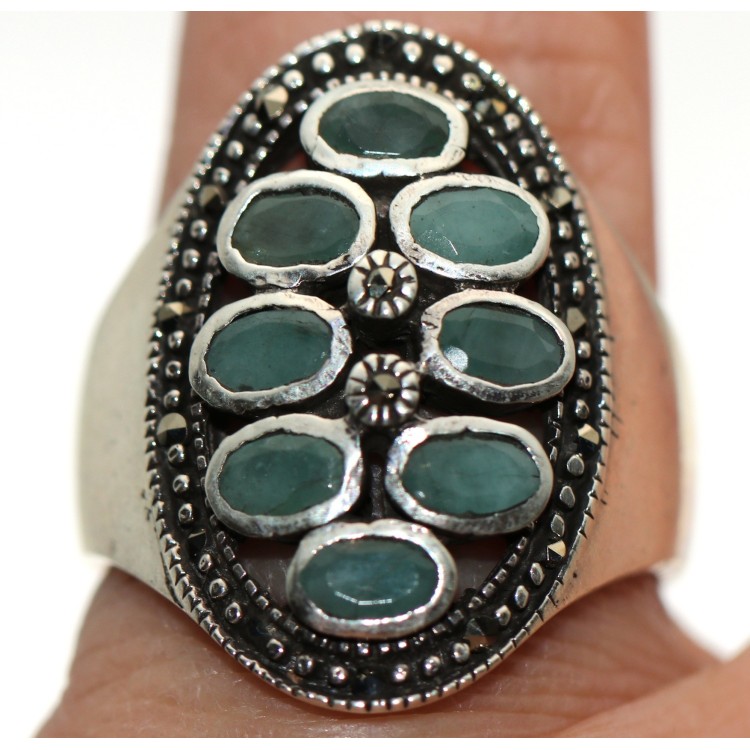 RMB|925 silver root emerald green marcasite corundum ring size 20