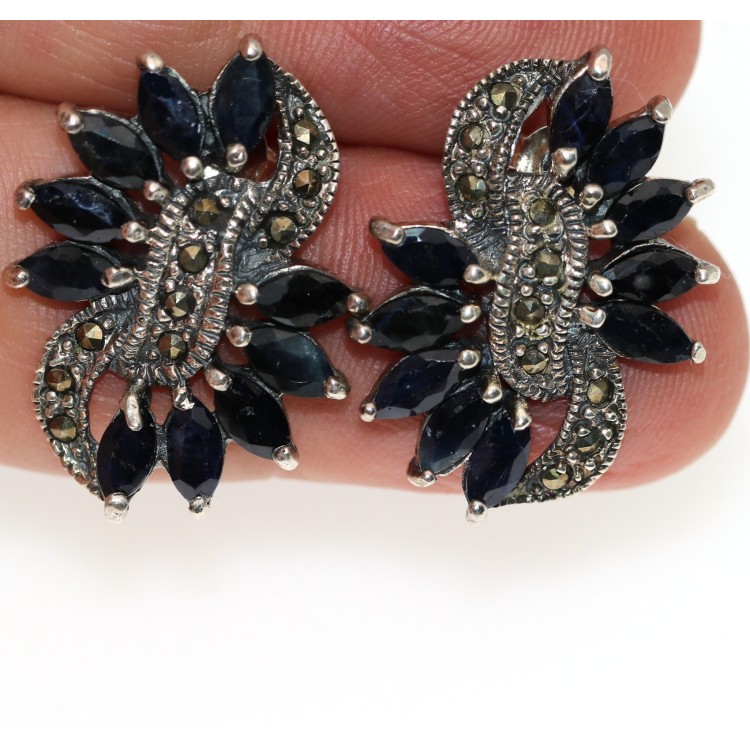 RMB|925 silver earrings with 20 ray blue sapphire roots and marcasite