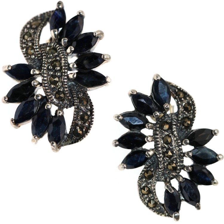 RMB|orecchini argento 925 con 20 radici di zaffiro blu a raggio e marcasite