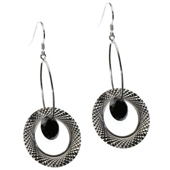 RMB|925 silver earrings engraved circles and black zircon pendants