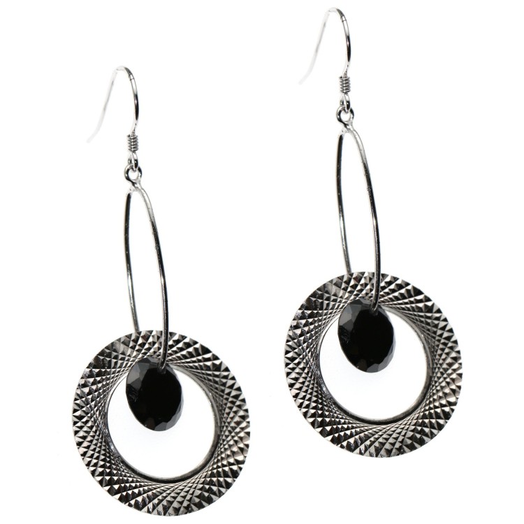 RMB|925 silver earrings engraved circles and black zircon pendants