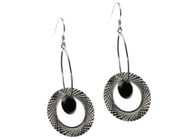 RMB|925 silver earrings engraved circles and black zircon pendants