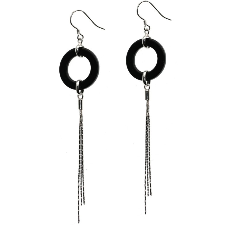 RMB|925 silver earrings rings of black agate tufts long pendants