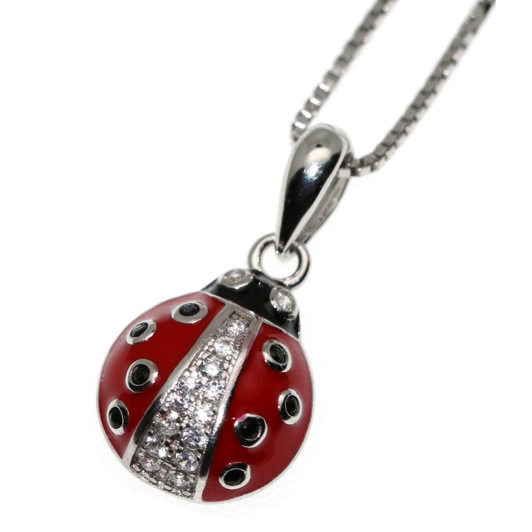 RMB|collana coccinella argento 925 rossa a pois neri zirconi bianchi