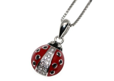 RMB|925 red ladybug necklace with black polka dots and white zircons