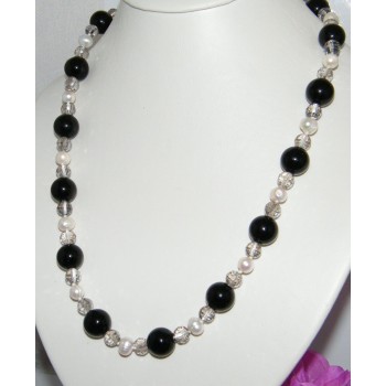 RMB|collana agata nera cristallo fumè e perle naturali lunga 86cm circa gioielleria roma