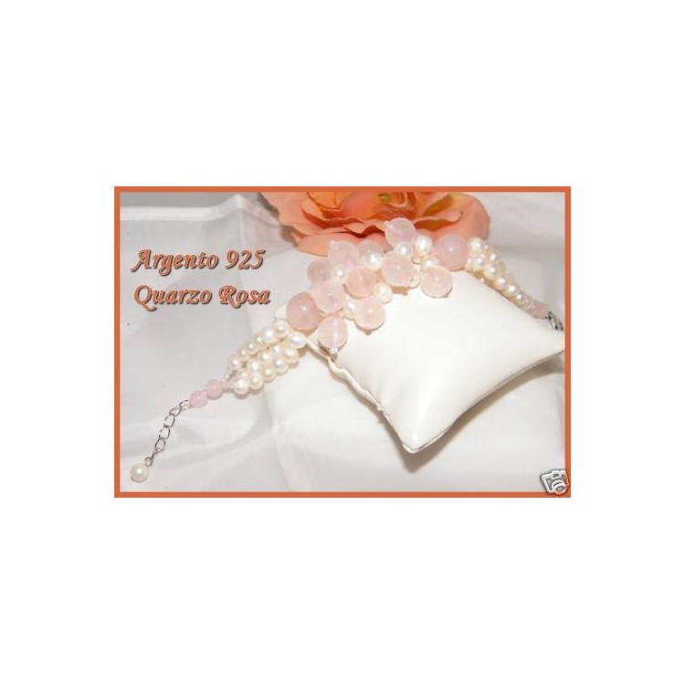 RMB|bracciale argento 925 pietre di quarzo rosa e perle d'acqua dolce naturali donna