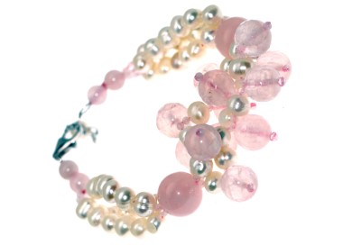 RMB|bracciale argento 925 pietre di quarzo rosa e perle d'acqua dolce naturali donna