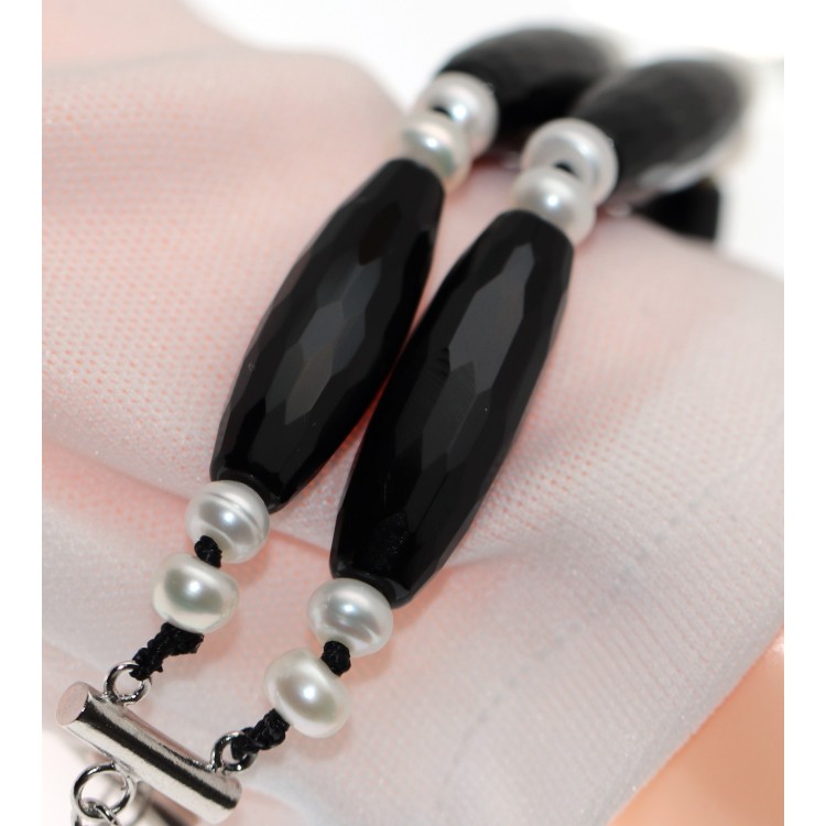 RMB|925 silver bracelet with black agate stones and natural freshwater pearls for women