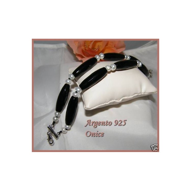RMB|bracciale argento 925 pietre di agata nera e perle d'acqua dolce naturali donna