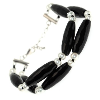RMB|925 silver bracelet with black agate stones and natural freshwater pearls for women