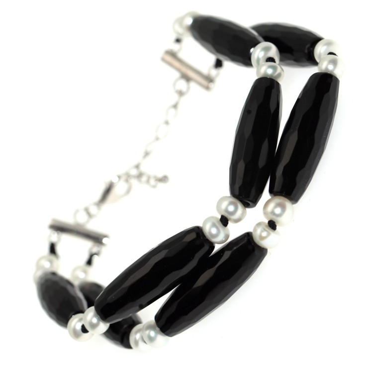 RMB|bracciale argento 925 pietre di agata nera e perle d'acqua dolce naturali donna