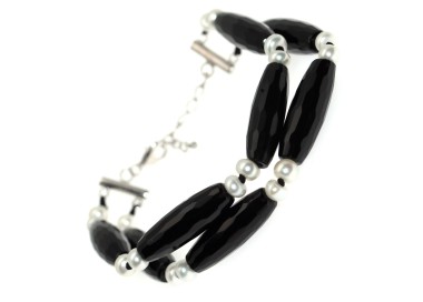 RMB|bracciale argento 925 pietre di agata nera e perle d'acqua dolce naturali donna
