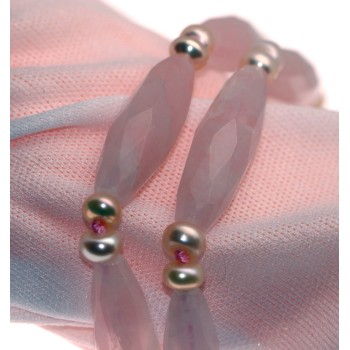 RMB|bracciale argento 925 losanghe di pietre di quarzo rosa e perle d'acqua dolce naturali donna