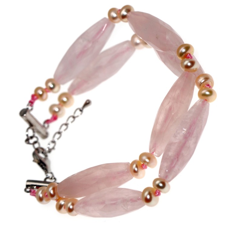 RMB|925 silver bracelet lozenges of rose quartz stones and natural freshwater pearls for women