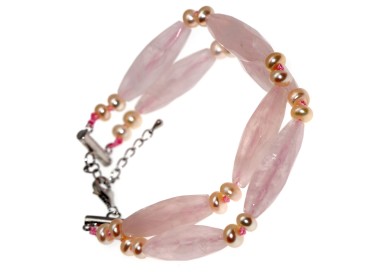 RMB|bracciale argento 925 losanghe di pietre di quarzo rosa e perle d'acqua dolce naturali donna