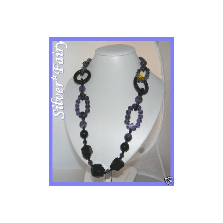 RMB|long necklace natural stones blue amethyst agate and crystals very long 90 cm size