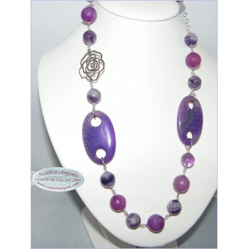 RMB|Necklace Silver 925 Glass Pearls and purple Agate and flower 89cm long