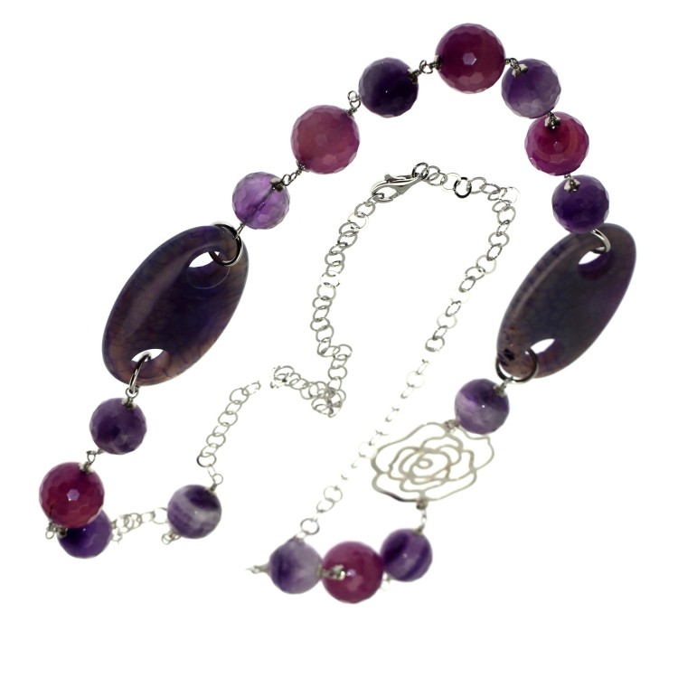 RMB|Collana Argento 925 Perle in Vetro e Agata viola e fiore lunga 89cm