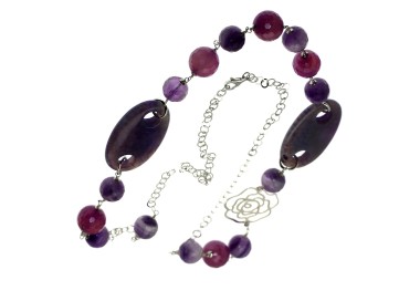 RMB|Collana Argento 925 Perle in Vetro e Agata viola e fiore lunga 89cm