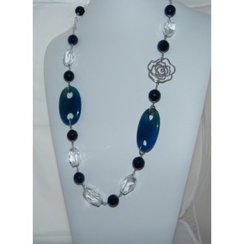 RMB|Collana Argento 925 Perle Cristallo Agata blu e vetro lunga 87cm collane roma