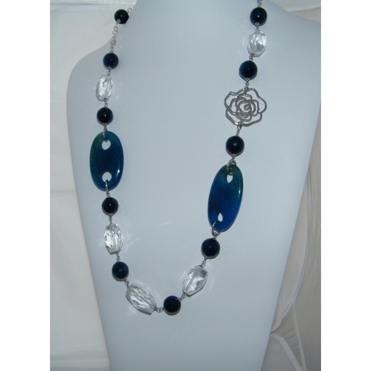 RMB|Collana Argento 925 Perle Cristallo Agata blu e vetro lunga 87cm collane roma