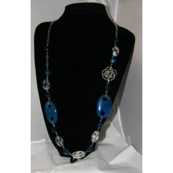 RMB|Necklace Silver 925 Pearls Crystal Blue Agate and glass 87cm long
